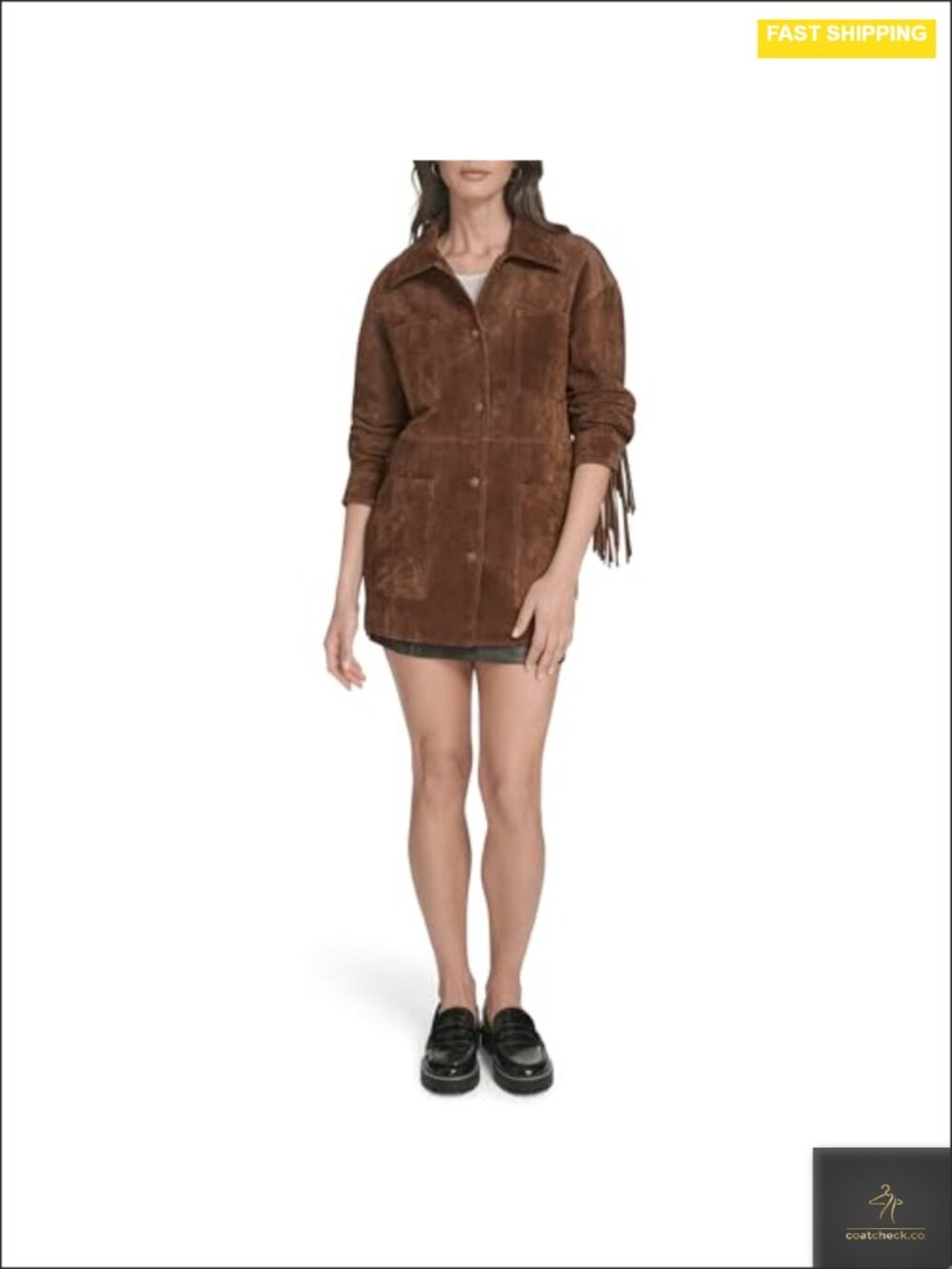 Faux Suede Fringe Trim Chore Coat Snap Front - Picture 6 of 6